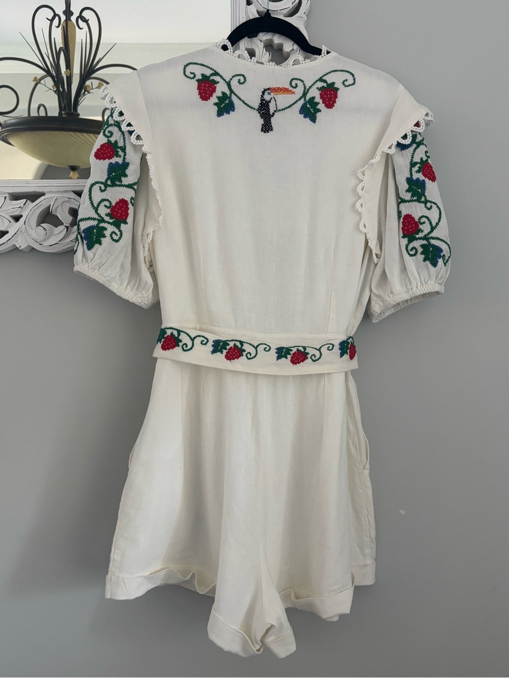 SOLD✨ Farm Rio Strawberry Toucan Cross Stitch Embroidered Romper✨ - Picture 6 of 6